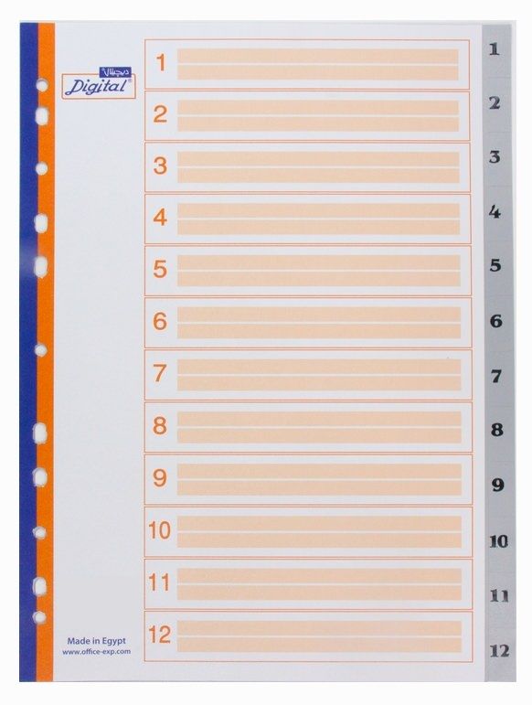 Digital Numerical File Dividers - 12 Dividers - Grey
